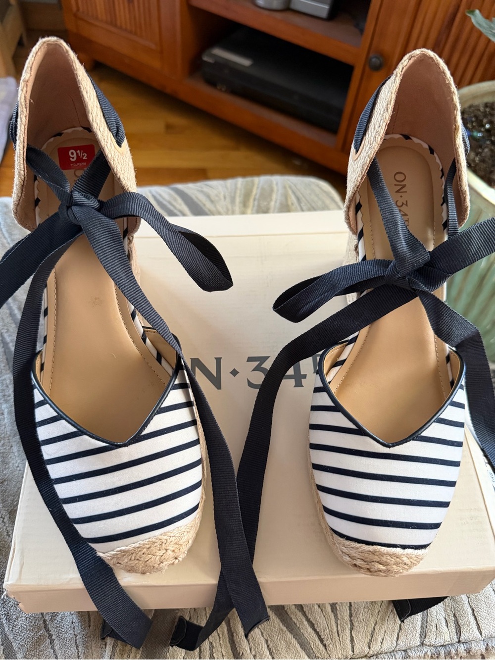 Striped Navy and White Espadrille Wedges with Navy Ankle Ties